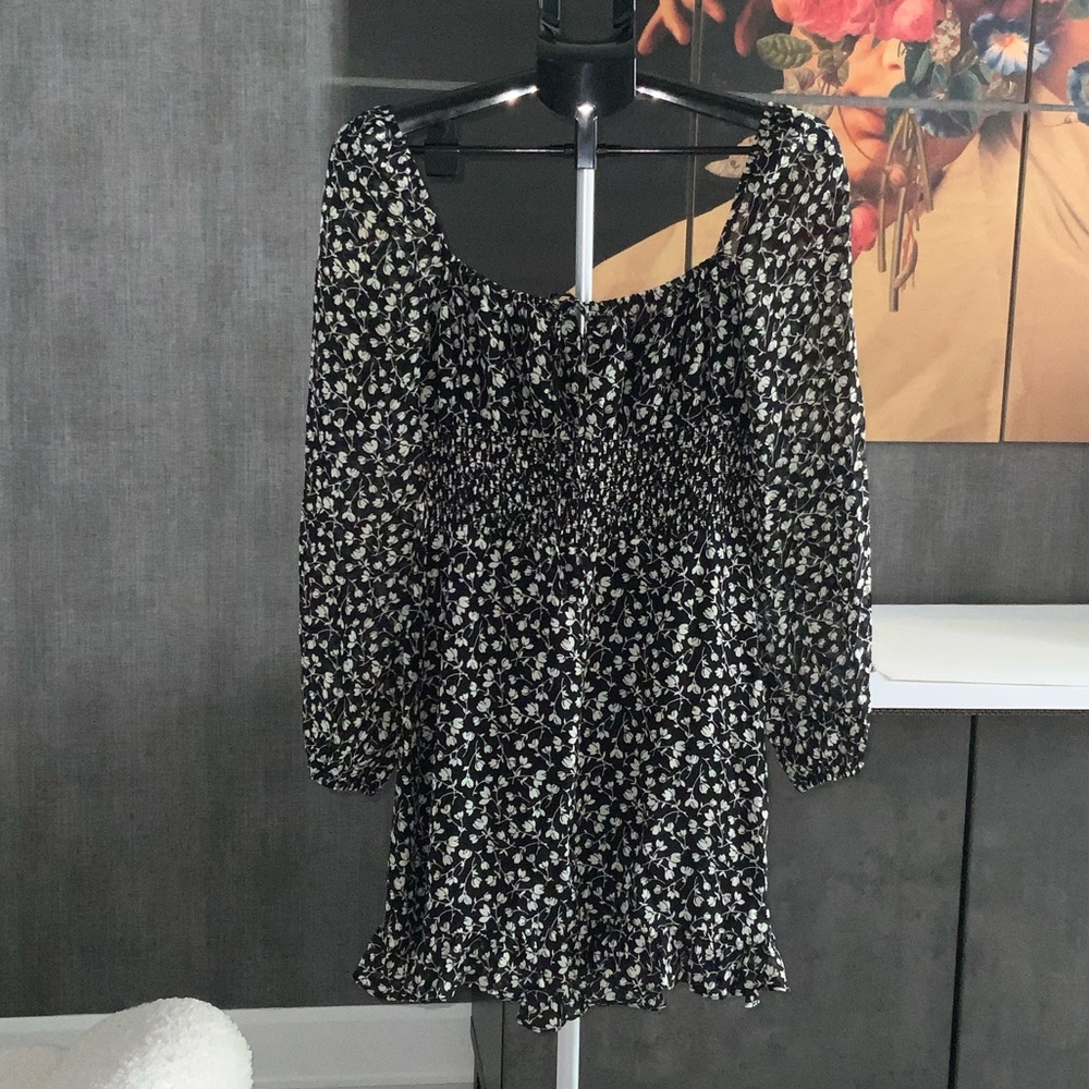 Reformation Black and White Floral Smocked Long Sleeve Mini Dress